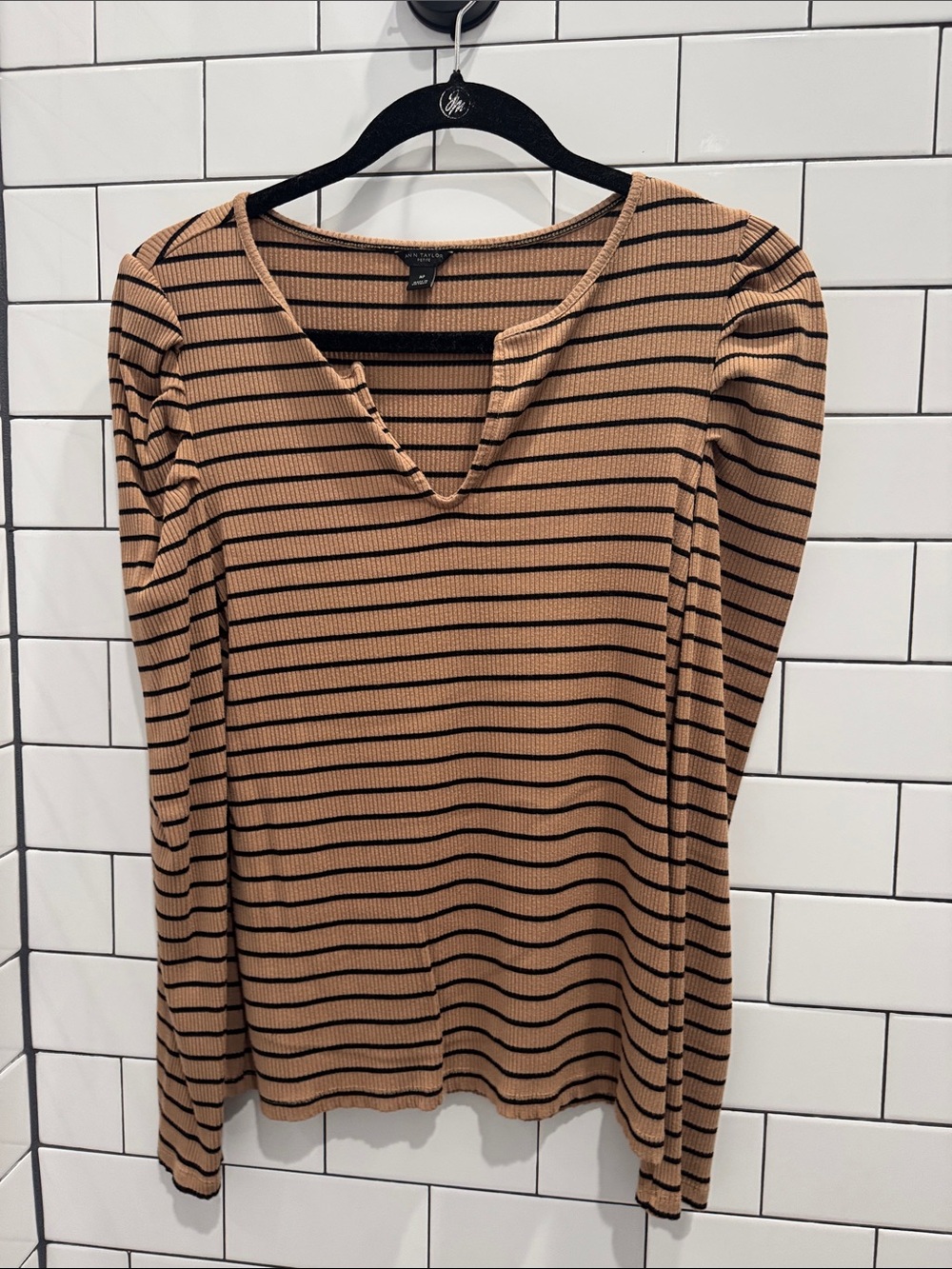 Ann Taylor Camel and Black Striped V-Notch Long Sleeve Top